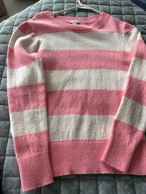 J. Crew Pink and White Striped Crewneck Sweater
